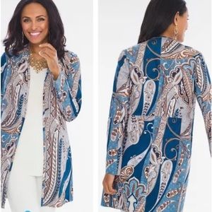 Chico’s size XL blue print micro suede retro print 3 quarter length open front